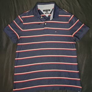 Tommy Hilfiger Men's Striped Polo Navy Blue Medium with white and red Stripes